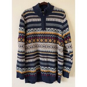 LL Bean Mens XL Tall Fair Isle Quarter Zip Sweater Organic Cotton Navy Cottage